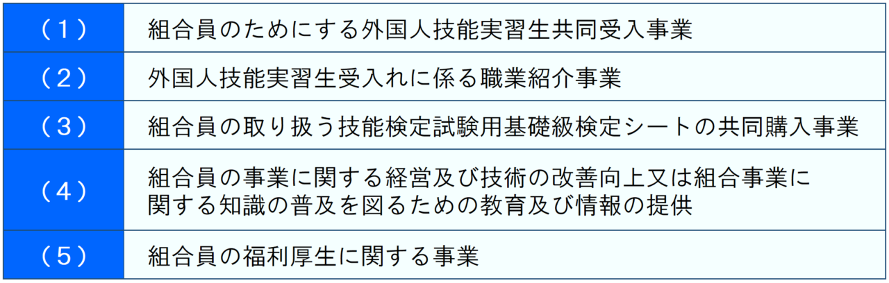 （１）組合員のためにする外国人技能実習生共同受入事業　（２）外国人技能実習生受入れに係る職業紹介事業　（３）組合員の取り扱う技能検定試験用基礎級検定シートの共同購入事業　（４）組合員の事業に関する経営及び技術の改善向上又は組合事業に関する知識の普及を図るための教育及び情報の提供　（５）組合員の福利厚生に関する事業
